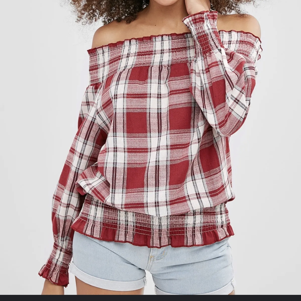 Women's Smocked Plaid Off the shoulder blouse